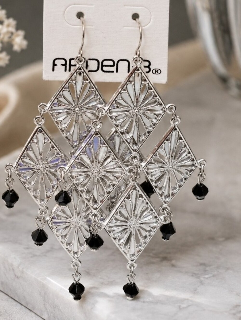 Vintage Y2K Arden B Silver Filigree Chandelier Earrings Black Beads